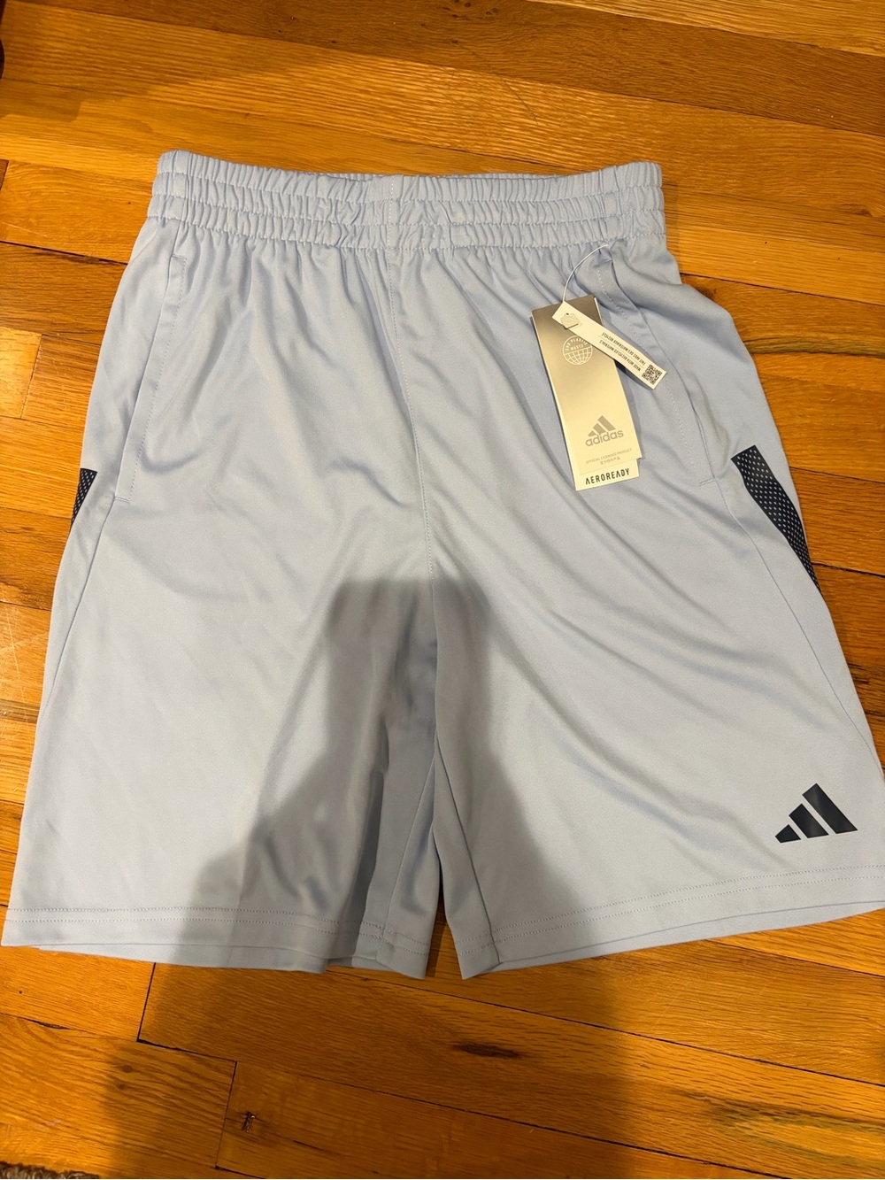 adidas boys Light Blue Athletic Shorts with Navy Accents